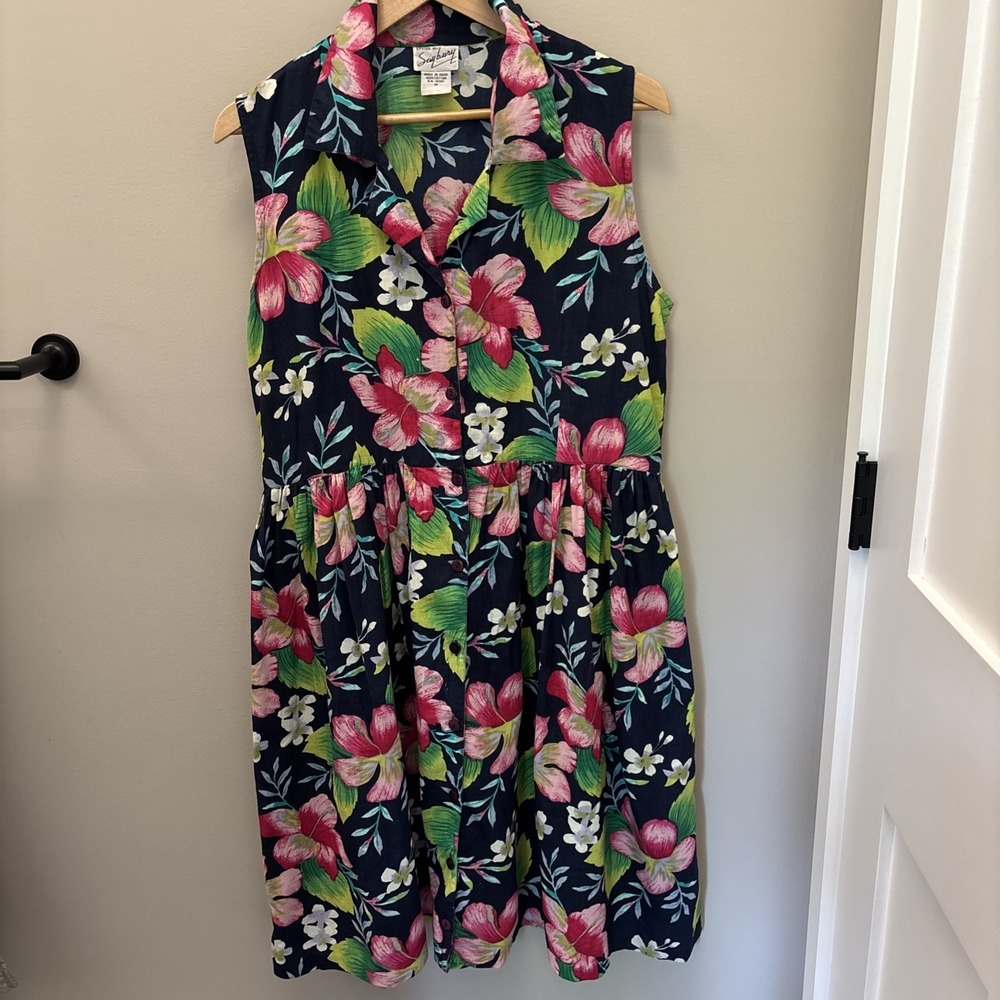 Vintage 90s Sayberry Midi Dress 100% Cotton Floral Lotus Hawaii Cruise L See Pic